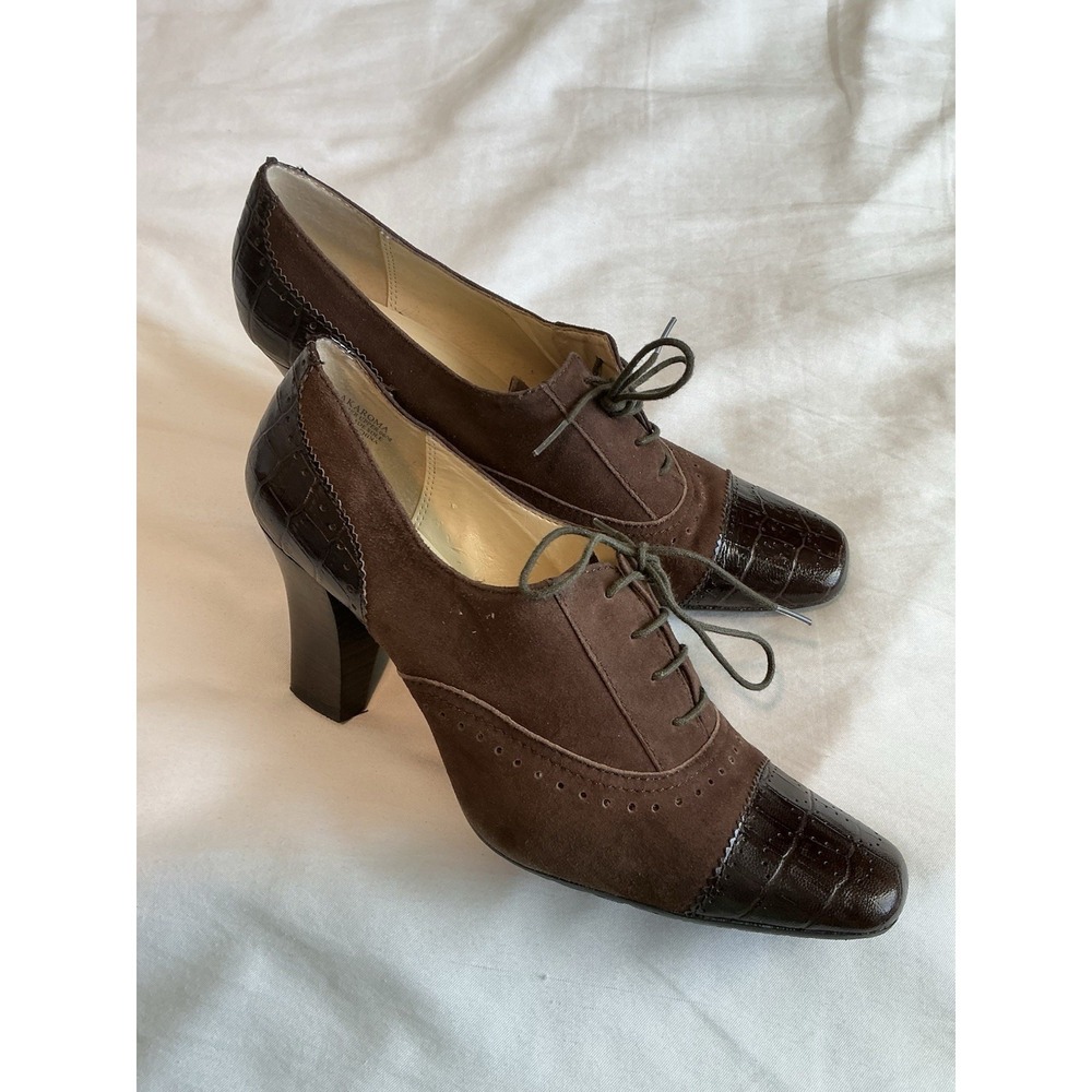 Anne Klein iFlex Oxford‎ Brown Suede Faux Croc Lace Up Heels 8M